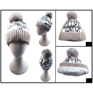Silver Fleece Lined Fur Pom Pom Winter Beanie Hat Fashion Statement Accessories